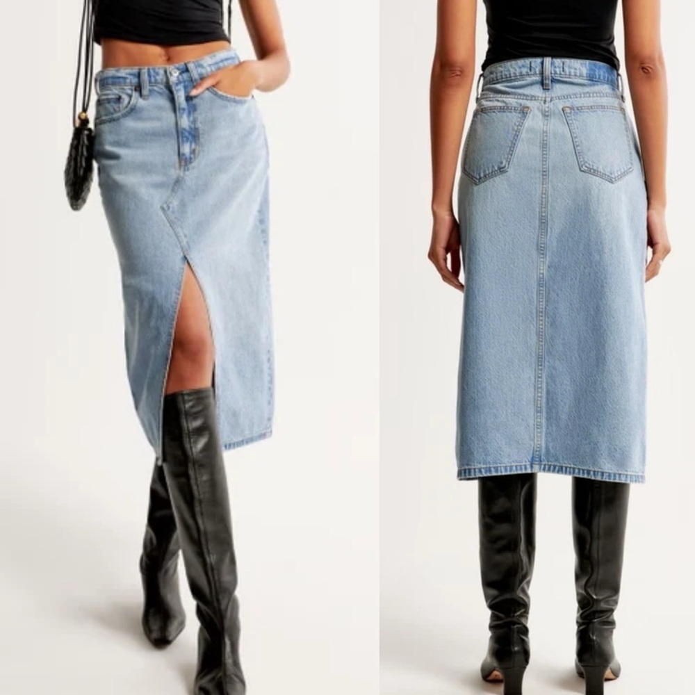 Abercrombie & Fitch High Rise Denim Midi Skirt Light Blue Wash Sz 31/12 Petite